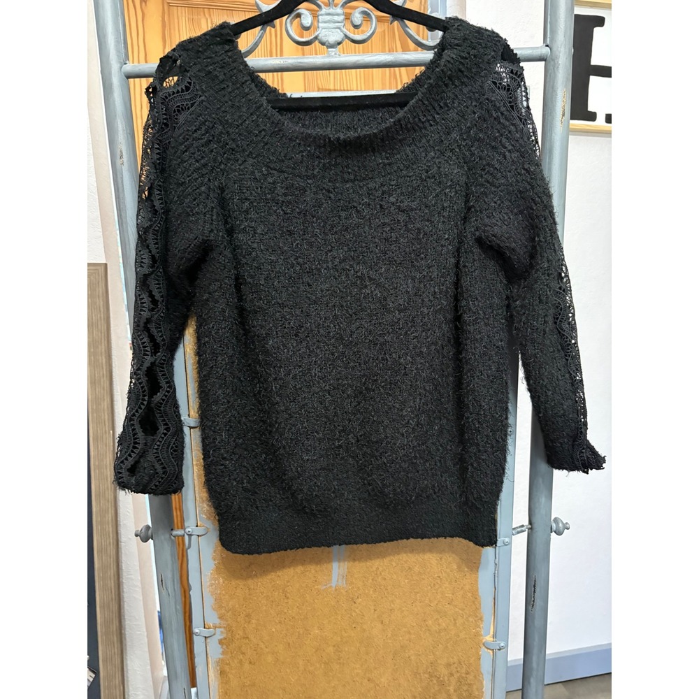 Willow Root Black Fuzzy Knit Sweater Lace Sleeve Detail Scoop Neck Large